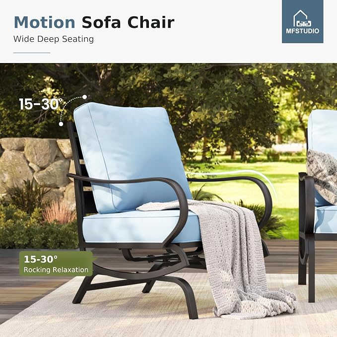 MFSTUDIO 6 Pieces Patio Furniture Sets with 45" Gas Fire Pit Table(Up to 7 Seat),Outdoor Metal Conversation Sofas with 1 x 3-Seat Sofa,2 Rocking Chairs and 2 Ottoman,Blue Cushion