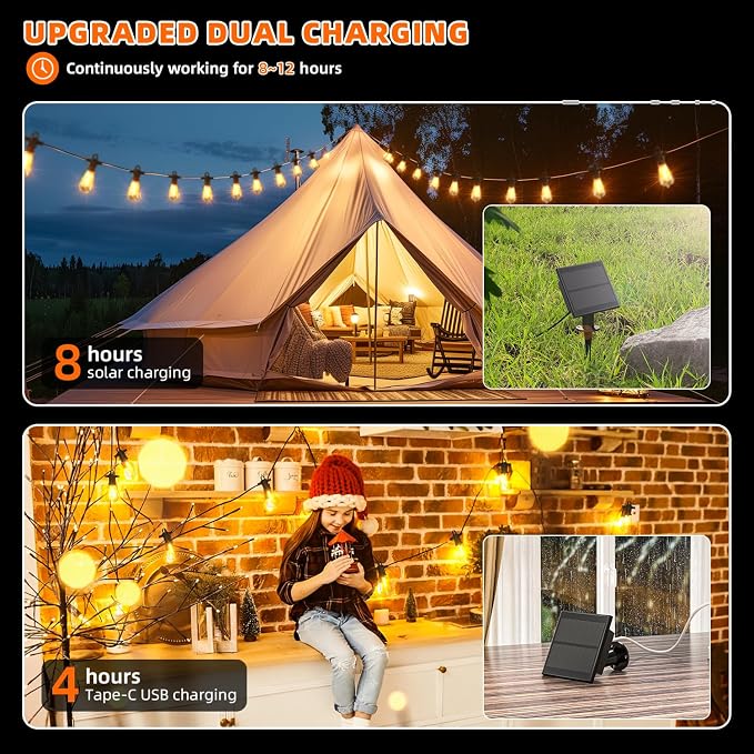 Kawaya Solar Powered String Lights: 50 FT LED Outdoor Patio Hanging Lights with 25+2 Edison Bulbs - USB-Charging - IP65 Waterproof Shatterproof Edison Bulbs for Bistro Cafe Camp Yard Balcony