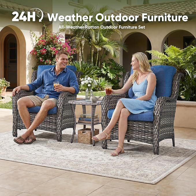 Rilyson Patio Chairs Outdoor Wicker Chair - Rattan Dining Chairs Porch Chairs Outside Club Chairs with High Back and Deep Seating(Mixed Grey/Blue)