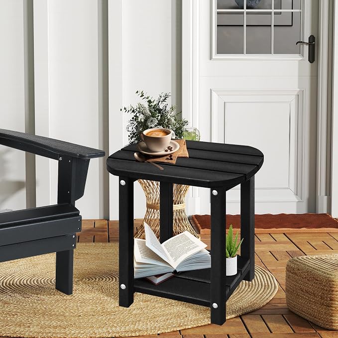 LZRS Patio End Table, Heavy Duty HDPE Outdoor Coffee Table with Wood Texture, Weatherproof Composite Table for Adirondack Chairs, Deck, Pool, Indoor/Outdoor, No Peeling Cracking(Black)