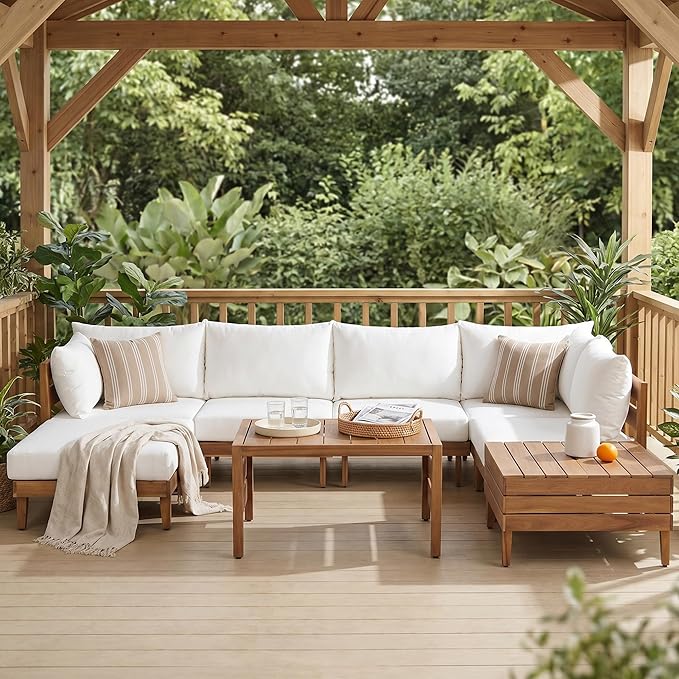 8-Piece Acacia Wood Outdoor Patio Sofa Set, Modular Sectional Furniture Set with Storage Tea Table, Coffee Table and Cushions for Backyard, Poolside, Indoor&Outdoor,Beige