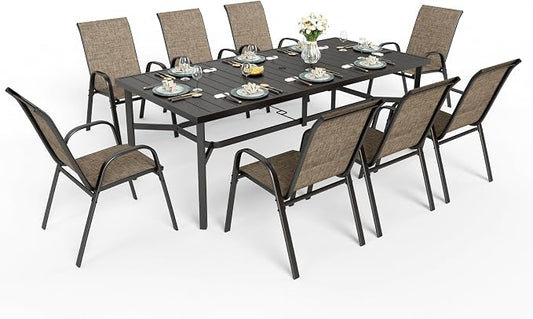 PHI VILLA 9 Piece Patio Table and Chairs Set for 8 Person, Large Metal Slat Rectangle Table and Stackable Patio Chairs with Textilene Mesh Fabric, All Weather Patio Furniture Set for Deck Lawn Garden