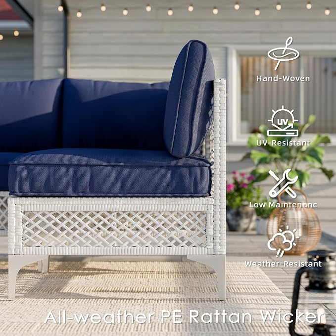 Vikiullf Patio Conversation Set, 7 Piece Outdoor Sectional Sofa Set with Coffee Table, White Wicker with Blue Cushions (White and Blue, 7 piece)