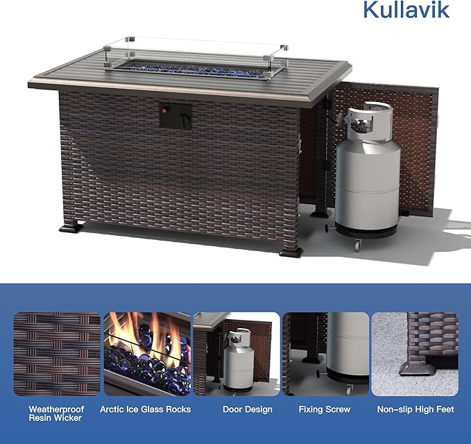 Kullavik 7 Pieces Outdoor Patio Furniture Set with 43" 55000BTU Gas Propane Fire Pit Table PE Wicker Rattan Sectional Sofa Patio Conversation Sets, Black