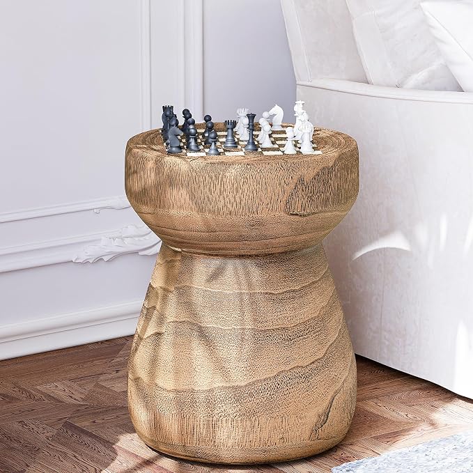 SUNBURY Outdoor Side Table, 14" W Round Outdoor End Table, Faux Wood Small Concrete Side Tables w Chessboard,Patio Side Tables, Garden Stool for Yard, Front Porch, Brown
