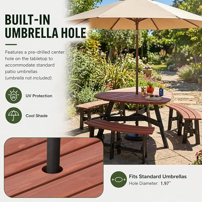 6-Person Outdoor Clover Triangle Wooden Picnic Table with 3 Build-In Benches,500 LBS Capacity Camping Dining Table with Umbrella Hole,Weather Resistance and Rot-Resistant Outside Table Set for Patio
