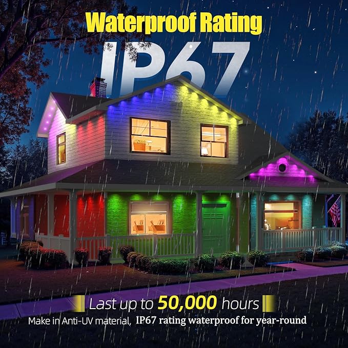 Permanent Outdoor Lights 50ft RGB+IC Eave Lights for House | IP67 Waterproof Smart LED Outdoor Lights with 16M Colors, App/Remote Control for Christmas, Halloween, Daily, Party