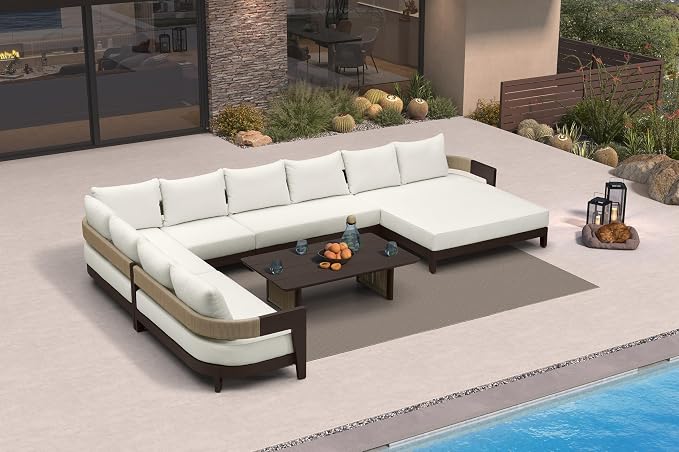 PURPLE LEAF Patio Furniture Set with Left-Arm Double Daybed and Table 10 Pieces Modern Aluminum Sectional Sofa 7.87" Thick Removable Cushions & Pillows Outdoor Conversation Sets for Porch Yard Garden