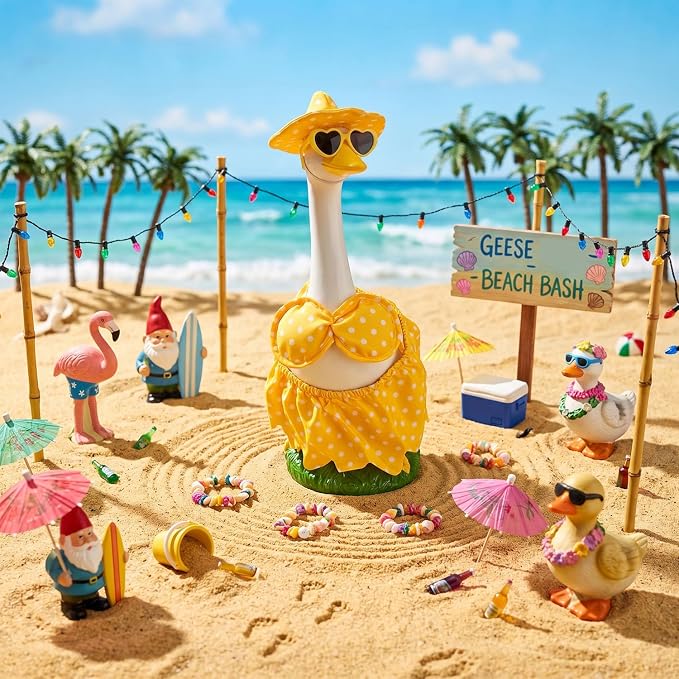 20″ Large Porch Goose Statue Décor - Resin Porch Goose with Yellow Summer Bikini Outfits, Garden Decor Sculpture, White Duck Figurine for Pool/Patio/Path/Lawn, Housewarming Birthday Gift Mum Women Men