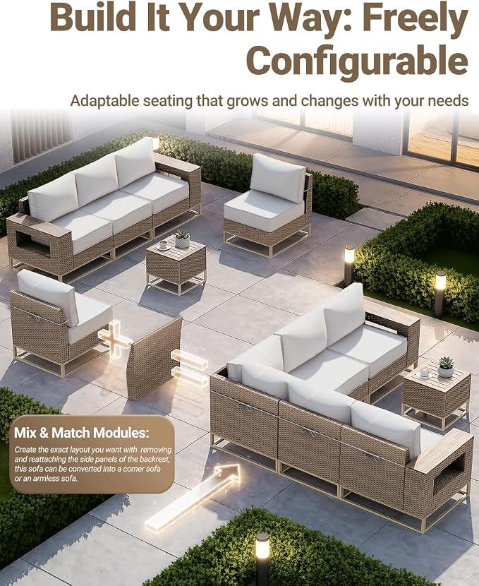 Outdoor Patio Furniture Set 6-Piece PE Rattan Wicker Outdoor Sectional Sofa with Thickened Cushions and Chunky Arms, Modern Modular L-Shaped Conversation Set for Garden, Backyard, White