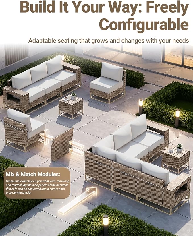 Outdoor Patio Furniture Set 12-Piece PE Rattan Wicker Outdoor Sectional Sofa with Thickened Cushions and Chunky Arms, Modern Modular L-Shaped Conversation Set for Garden, Backyard, White