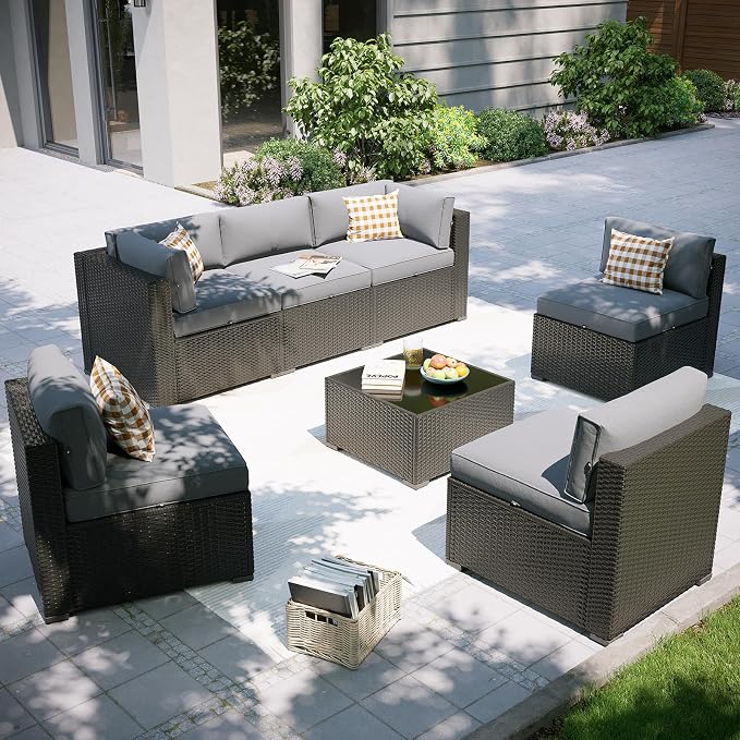 Aoxun Patio Furniture Set, 7 Piece Outdoor Sectional Sofas with Waterprool Cover, Wicker Rattan Outdoor Furniture Patio Conversation Set for Backyard, Garden Light Grey
