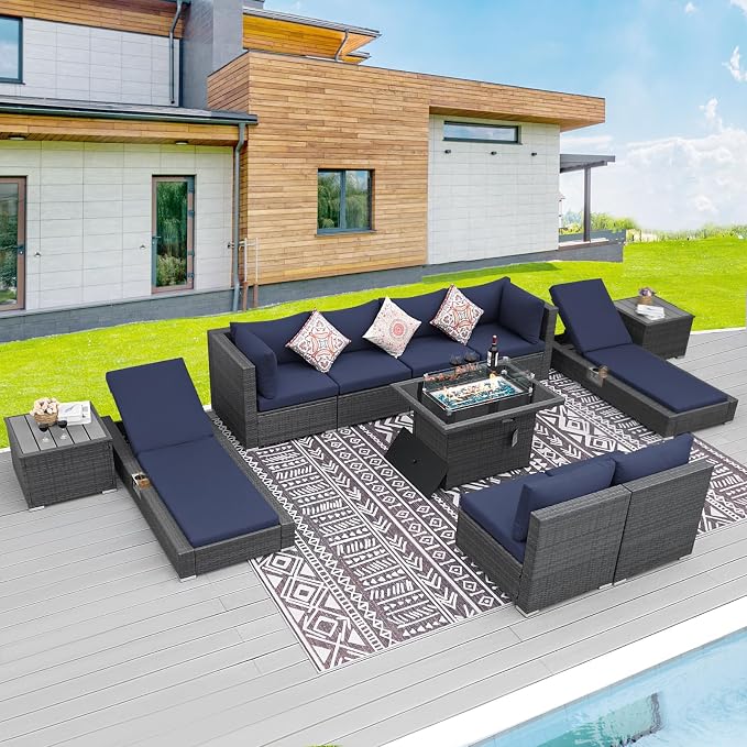 BULEXYARD 11 Piece Large High Back Outdoor Patio Furniture Sets with Firepit and Loungers, Cozy Extra Deep Wide Seating Sectional Conversation Couch Backyard Sitting Sets, Grey Wicker & Blue Cushion