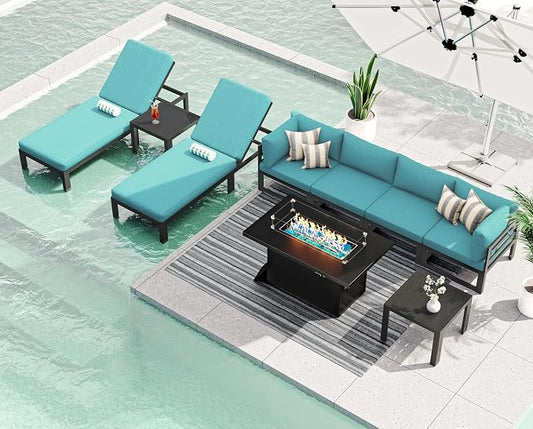 RADIATA Oversized Modern Aluminum Patio Furniture Set with Lounge Chair & Fire Pit Table, 29" Wide Deep Seated, Comfy Outdoor Sectional Sofa Set of 9, 500 lbs Heavy Duty Conversation Set, Turquoise