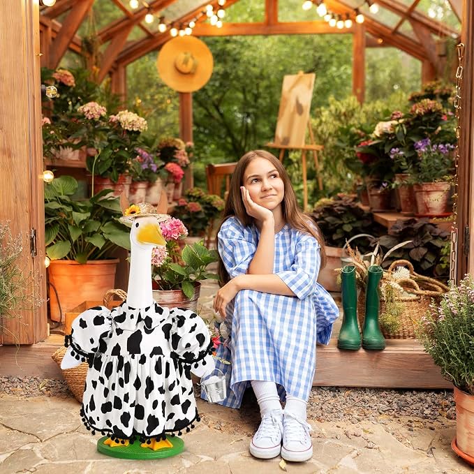 Honic Cow Porch Goose Outfits Funny Farmhouse Goose Costume with Dress Hat and Mini Milk Bucket for 23 Inch Cement or Plastic Goose for Spring Summer Outdoor Garden Yard Patio Lawn Decor