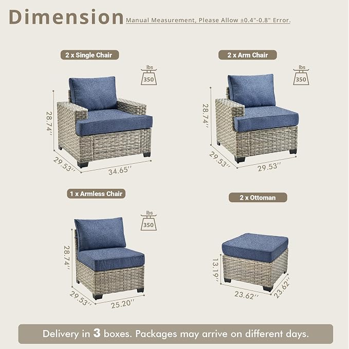 Weaxty 7 Pieces Outdoor Furniture Set, Patio Sectional Sofa Wide Seats Couch Chair with Ottoman, Thick Cushion All-Weather Rattan Patio Conversation Sets for Backyard Porch Balcony, Denim Blue