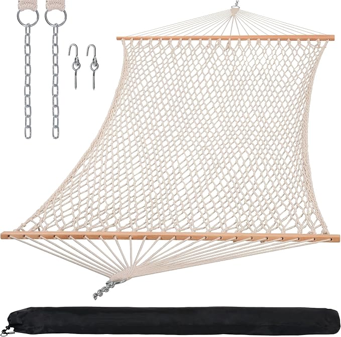 SUNCREAT Hammocks Traditional Rope Double Hammock with Hardwood Spreader Bar and Carrying Bag, 450 lbs Capacity, Natural