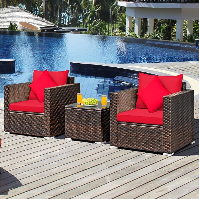 Patio Conversation Set Outdoor, 3-Piece Rattan Wicker Furniture Set with Water-Resistant Cushion & Tempered Glass Tabletop, Patio Furniture Set for Balcony, Porch, Poolside (Red)