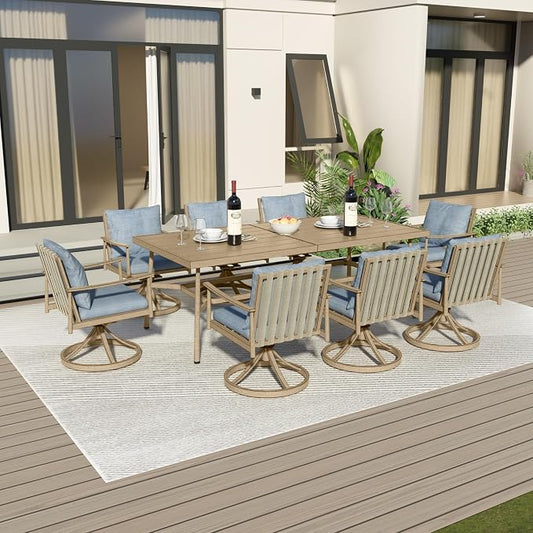 9-Piece Outdoor Dining Set for 8, Aluminum Dining Set with Cushions, 8 Swivel Chairs with Rope Backrest, Large Rectangular Table with Umbrella Hole, Patio Dining Set for Lawn Porch Yard,Brown