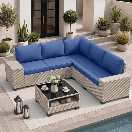 6-Piece Outdoor Patio Furniture Set, Modular Sectional Sofa Set with Glass Coffee Table and Cushions, Wicker Outdoor Couch Conversation Sets, Blue