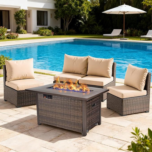 5 Pieces Patio Furniture Set with 42" Fire Pit Table, Outdoor Patio Sectional Sofa, Wicker Rattan Conversation Set, Beige
