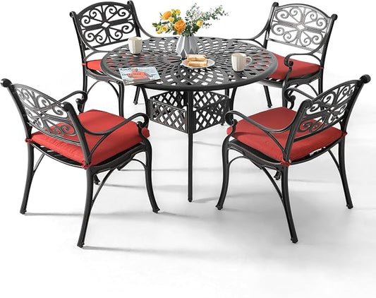 NUU GARDEN 5 Piece Outdoor Patio Dining Set, 42" Cast Aluminum, Round Patio Dining Table with 2.24" Umbrella Hole and Patio Dining Chairs with Cushions for Garden, Balcony, Bronze and Red