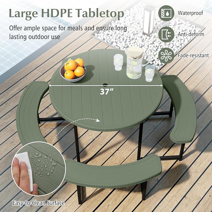 LDAILY Picnic Tables with Benches, Round Picnic Dining Table with 1520 lbs Capacity Metal Frame, HDPE Tabletop & Umbrella Hole, 8-Person Plastic Picnic Tables for Outdoors, Patio, Lawn, Yard (Green)