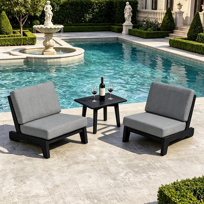 Pia Ricoo 3 Piece Patio Bistro Set with Patio Chairs and Table, Heavy Duty Wood Patio Furniture Set, All-Weather Outdoor Chairs for Balcony, Deck, Poolside, Porch - Gray/Dark