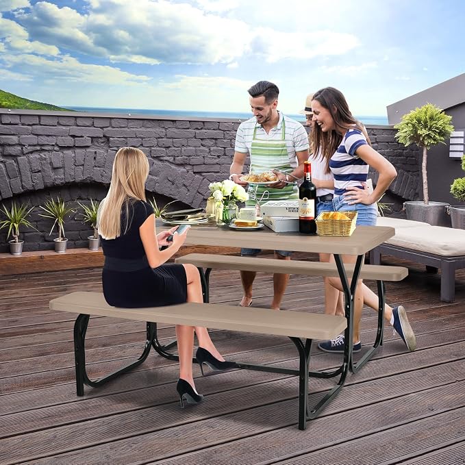 HAPPYGRILL Outdoor Picnic Table Bench Set with Metal Frame, Camping Table Set for Patio Backyard Poolside Garden Dining Party