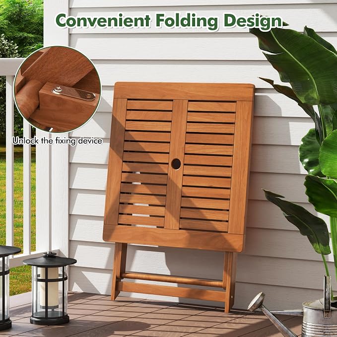Byroce Outdoor Patio Table, 29.5” x 29.5” Folding Bistro Table with Slatted Tabletop & 2” Umbrella Hole, Solid Wood Outdoor Dining Table, Portable for Backyard, Poolside & Balcony (2, Square)