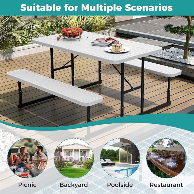 Byroce Outdoor Picnic Table for 4 Person, Rectangular Picnic Camping Table Set with Long Benches, Umbrella Hole & Metal Frame, Heavy Duty HDPE Dining Table Chairs for Patio, Yard & Poolside (White)