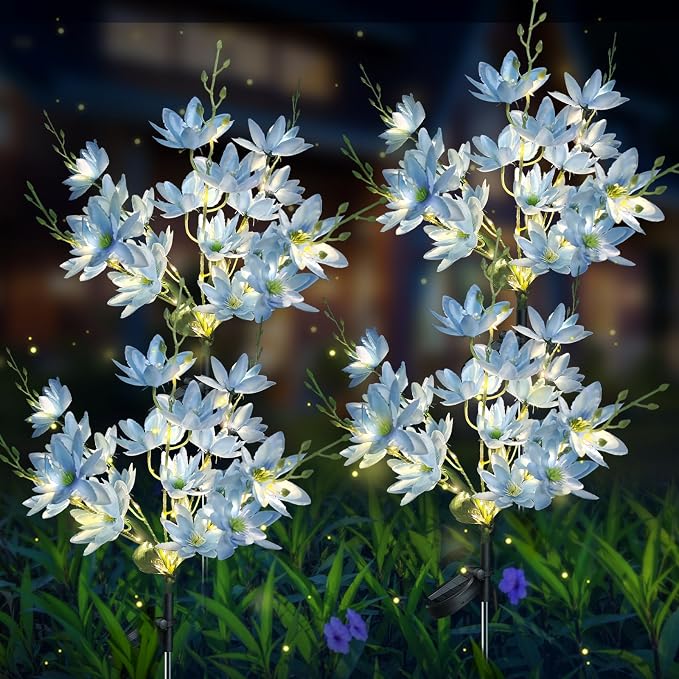 Neporal Solar Flowers Outdoor Waterproof IP65, 5-Head Snow Lotus with 20+ Flowers, Warm LED Light & 2 Lighting Modes, Decorative Solar Lights Outdoor Garden, Yard, Pathway, Flower Bed (4-Pack, Blue)