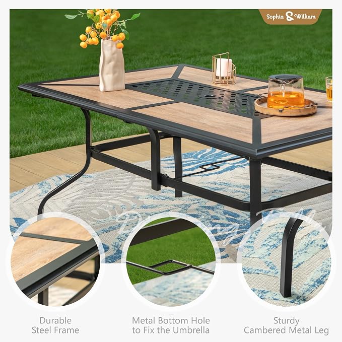 Sophia & William Patio Set with Umbrella Outdoor Dining Set for 6 with 13ft Umbrella Navy Blue, 6 x Patio Chairs Blue, 1 Wood Like Outdoor Dining Table for Deck Lawn Garden (No Umbrella Base)