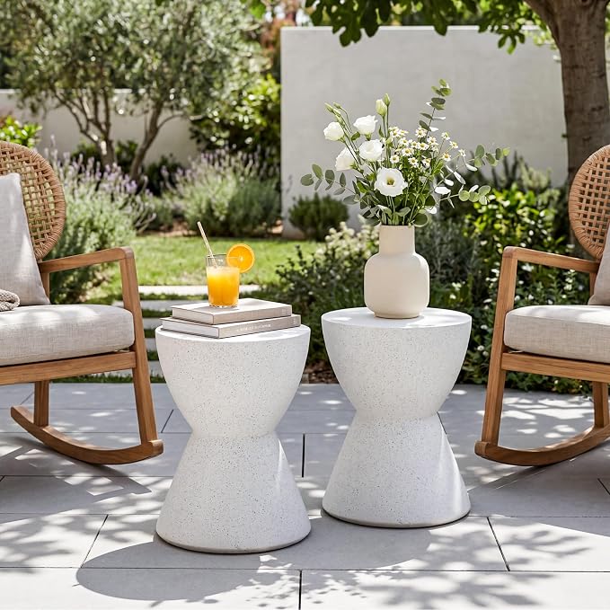 SUNBURY Outdoor Side Table Concrete, 19" H Outdoor End Tables Geometric Hourglass Shaped, Lightweight Round Accent Table, Decorative Modern Garden Stool for Patio, Backyard, Spotted White
