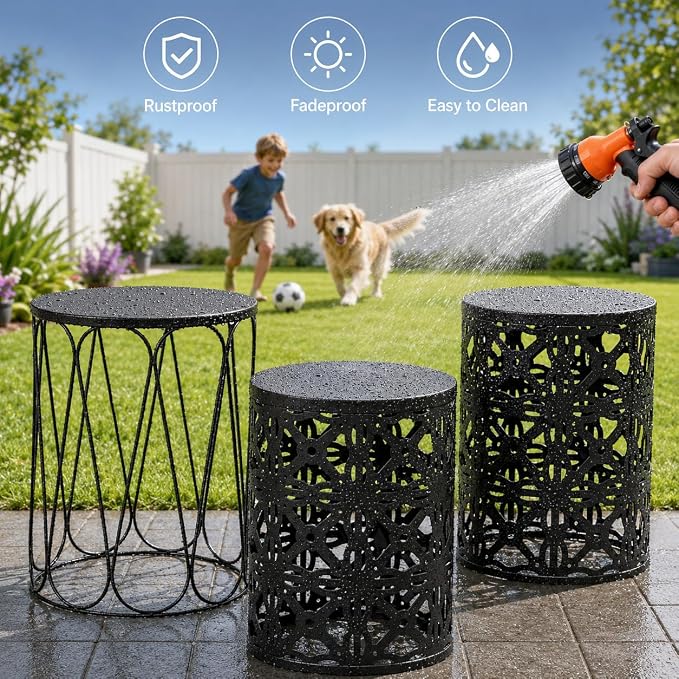 Y&M Outdoor Side Tables Set of 3, Metal Stacking Patio Side Tables for Outside, Round Indoor End Tables, Decorative Garden Stool Plant Stand for Patio Garden Balcony Porch, Black