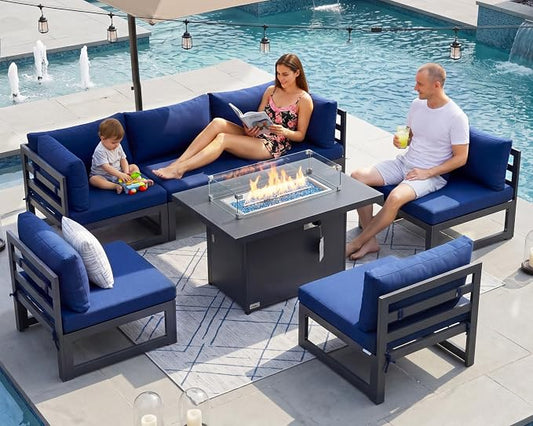 RADIATA 6 Seat L-Shaped Oversized Modern Aluminum Patio Furniture Set, All Weather Modular Sectional Sofa with Fire Pit Table, 500 lbs Heavy Duty Comfortable Outdoor Couch for Backyard Deck, Navy Blue