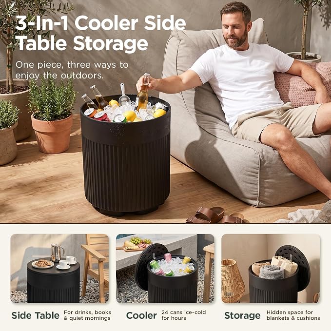 PASAMIC Outdoor Cooler Side Table, 3-in-1 Patio Ice Cooler Table with Storage, HDPE Outdoor Table with Drain Plug, Holds 24 Cans & Fits Wine Bottles, Poolside Deck Backyard (Black)