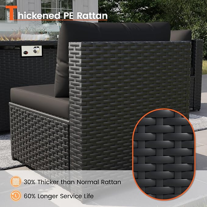 8 Piece Patio Furniture Set with 43" Fire Pit Table, Outdoor Sectional Wicker Sofa Set with Coffee Table (Black/Black)