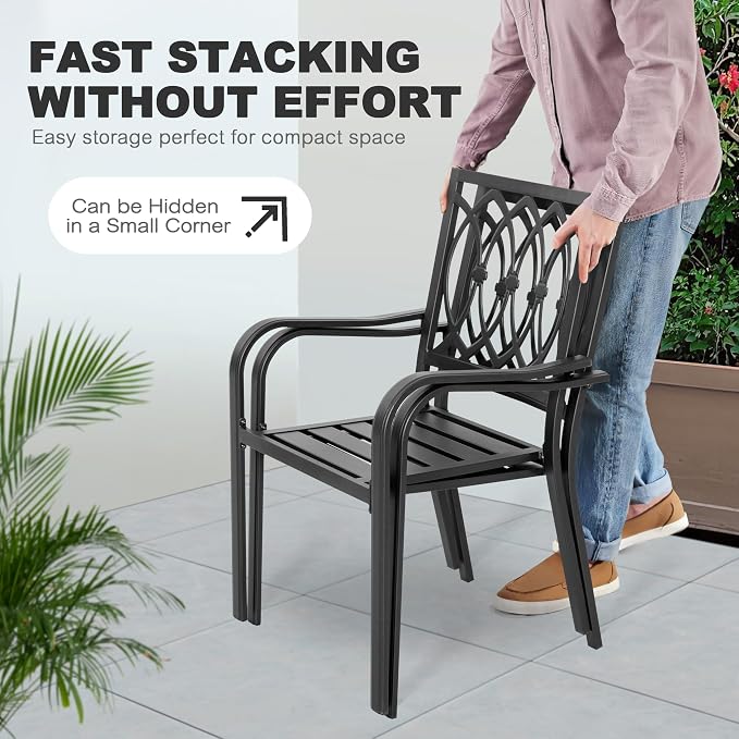 NUU GARDEN 5 Piece Outdoor Dining Set, 4 Slatted Stackable Chairs and 37 Inch Square Metal Table with Umbrella Hole, All-Weather Powder-Coated Iron for Garden, Patio, Backyard, Deck, Black