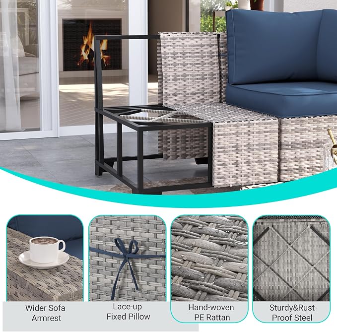 11-Piece Outdoor Patio Furniture Set with Rocking Swivel Chair Wicker Sectional Sofa Set, Patio Conversation Set with Ottomans & Coffee Table for Garden, Backyard, Poolside, Navy Blue