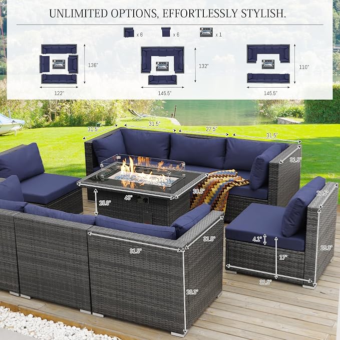 BULEXYARD 13 Piece High Back Patio Furniture Sets with Firepit, Luxury Outdoor Seating Sectional Couch 12-Person Modular, Comfortable Extra Large Wide Deep Backyard Conversation Sofa Set, Grey & Blue
