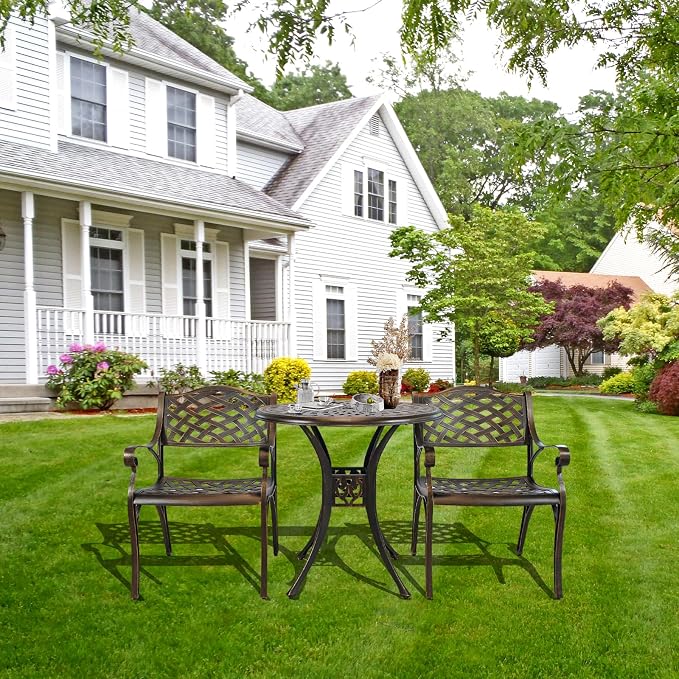 3 Piece Patio Set Metal Bistro Table and Chairs Set of 2 with Umbrella Hole,Cast Aluminum Bistro Table Set Outdoor All Weather Patio Furniture Set for Garden,Backyard,Bronze