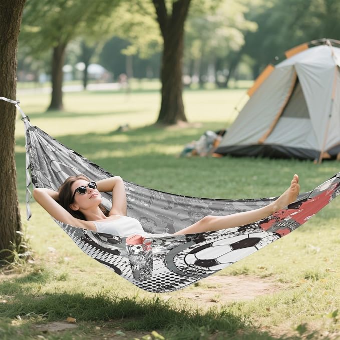 Soccer Graffiti Camping Hammock, Portable Lightweight Single Hammock with Tree Straps and Aluminum Carabiners, 114" x 54" Travel Hammock for Hiking Backpacking Beach