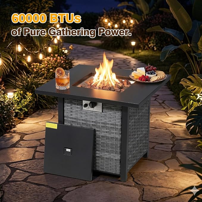 7 Piece Patio Furniture Set With Fire Pit , 360° Swivel Patio Chairs Set of 2,Cozy 60,000 BTU Square Fire Pit Table,2 Wicker Chairs,Sofa,Outdoor Side Table,All-Weather Wicker Patio Sets For Outdoor