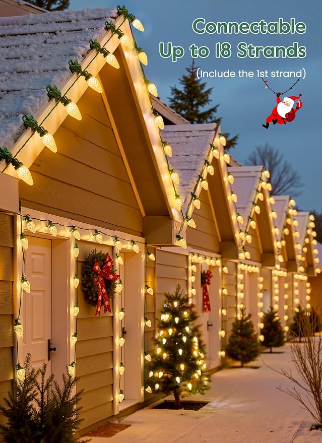 C9 Christmas Lights Outdoor, 102FT 150 LED String Lights with Spring Clips | Waterproof Connectable Commercial Grade Christmas Tree Lights for Outside Roofline Patio Yard Home Xmas Decor, Warm White