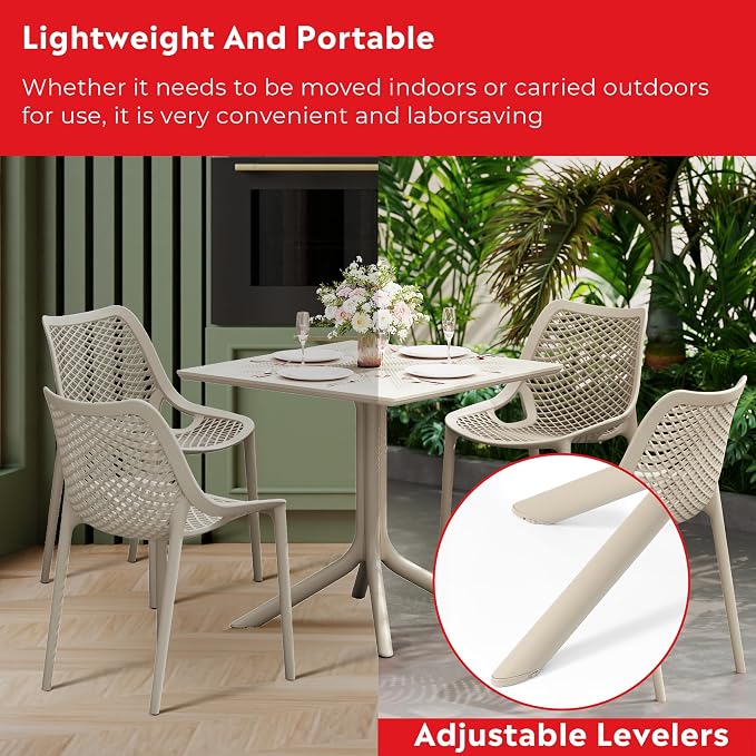 Costaelm Patio Dining Table for 4, Square PP Patio Table, 4-Person Weather Resistant Porch Tables for Outside Poolside Deck Lawn Garden Backyard, Sand