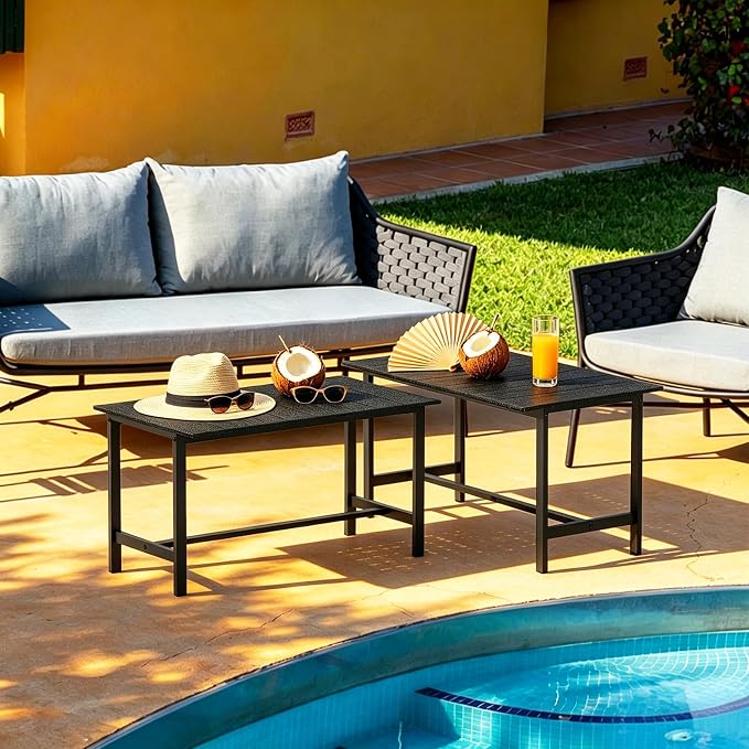 Outdoor Coffee Table, 33.4"L x 17.3"W x 18.1"H Rectangle Weather-Resistant Patio Coffee Table, Metal Heavy-Duty Frame Coffee Side Table, Waterproof for Garden, Porch, Balcony, Deck, Poolside, Black