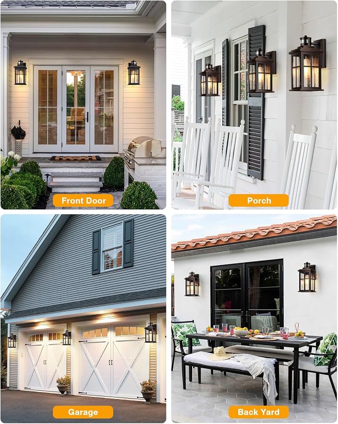 VIANIS Farmhouse Motion Sensor Outdoor Porch Lights for House, Oil Rubbed Bronze Gold Trim Dusk to Dawn Exterior Lighting Fixtures Wall Mount for Garage, Anti-Rust Outside Wall Sconces for Patio