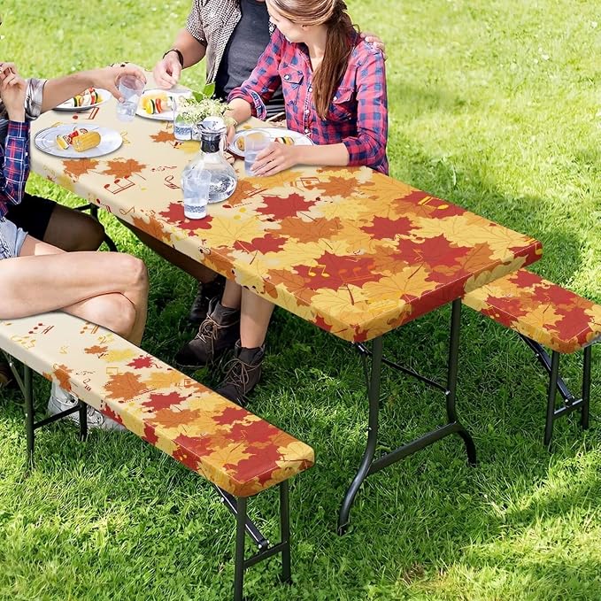 Maple Leaf Picnic Table Cover with Bench Covers Autumn Outdoor Camping Tablecloth Water and Oil Repellent Elastic Waterproof Picnic Table Cover 3 Piece Set for 6 Foot Tables
