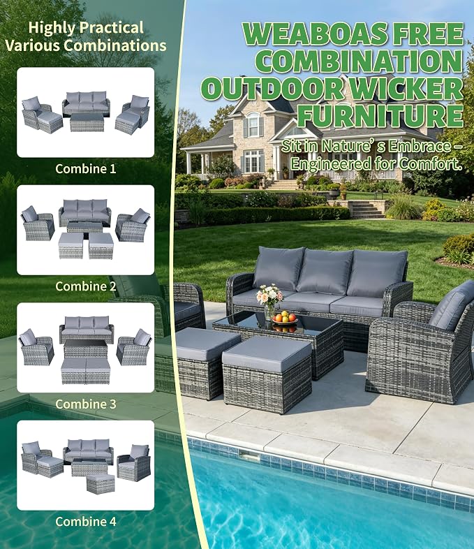 6-Piece Outdoor Patio Furniture Set, Wicker Sofa and Chairs with Cushions & Ottomans, PE Rattan All-Weather Conversation Set with Coffee Table, Comfortable Seating for Backyard, Poolside, Garden Grey
